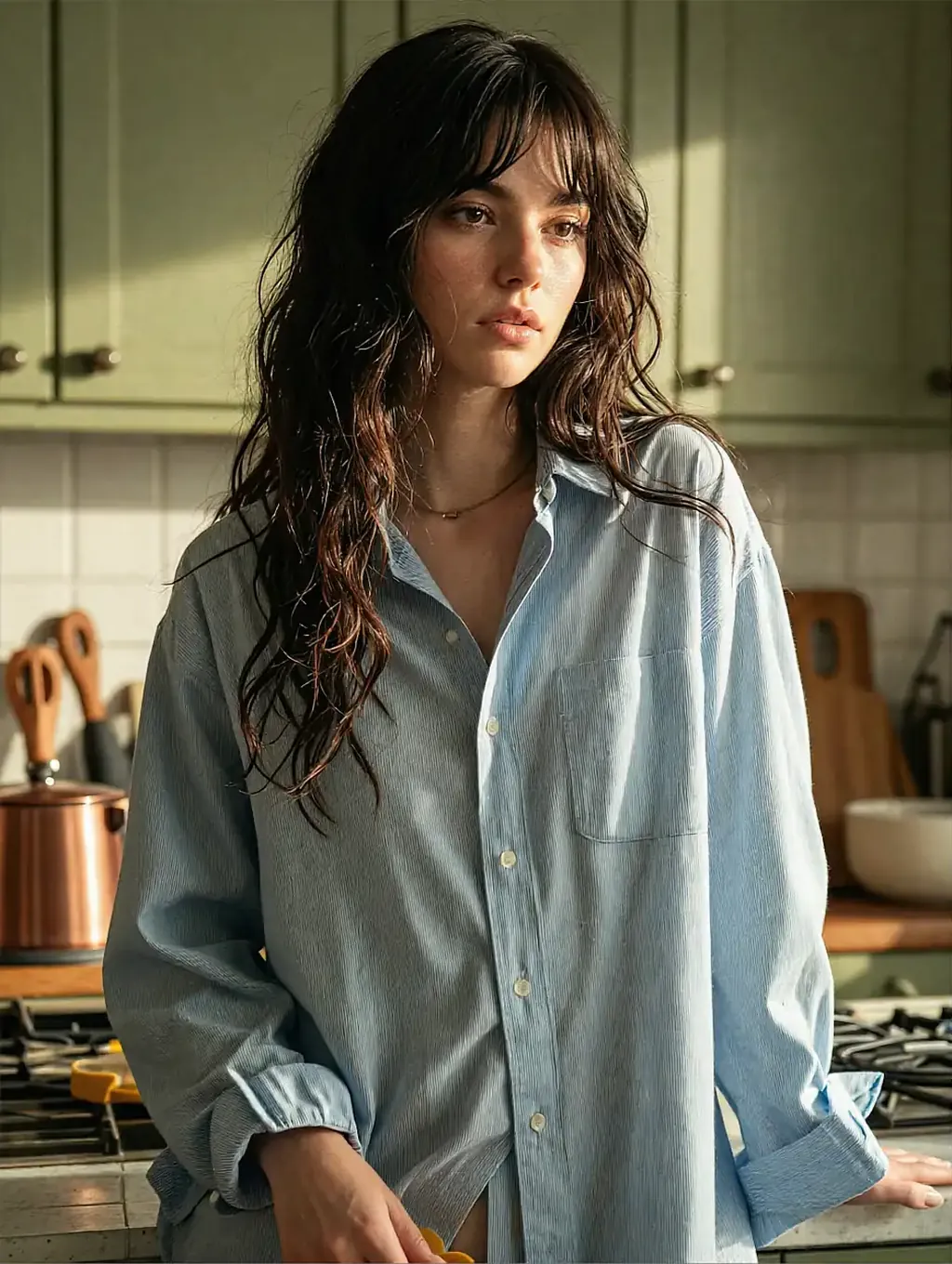 AI character in casual clothes backlit by a screen glow